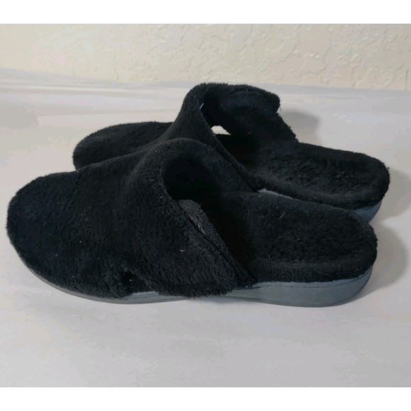 Vionic Relax Black Fuzzy Slip On House Mule Slippers Women's Size 9 - Picture 1 of 7